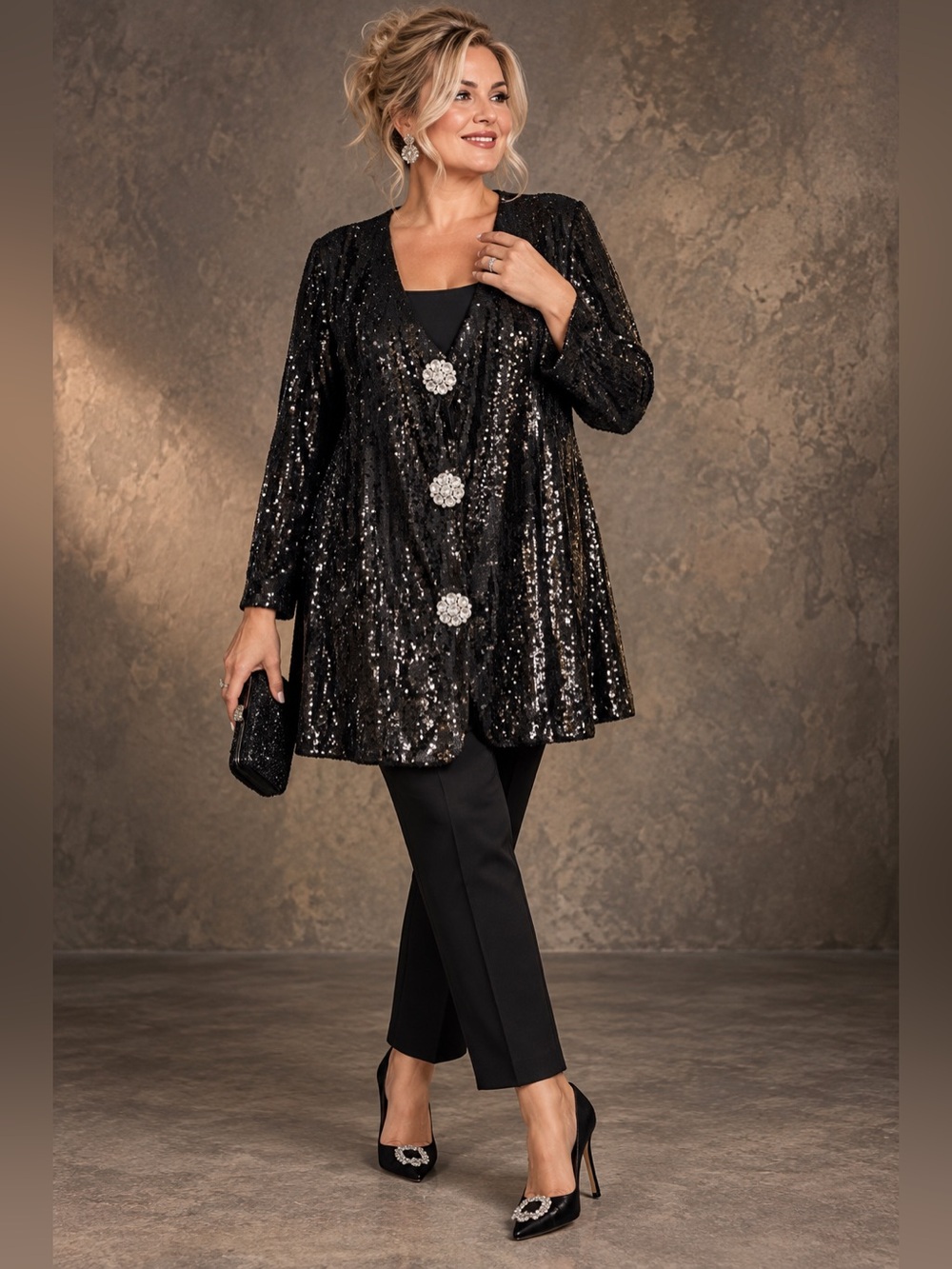 Joan Boyce Women's size XL Black Sequin Jacket with Large Rhinestone Buttons - Picture 16 of 16
